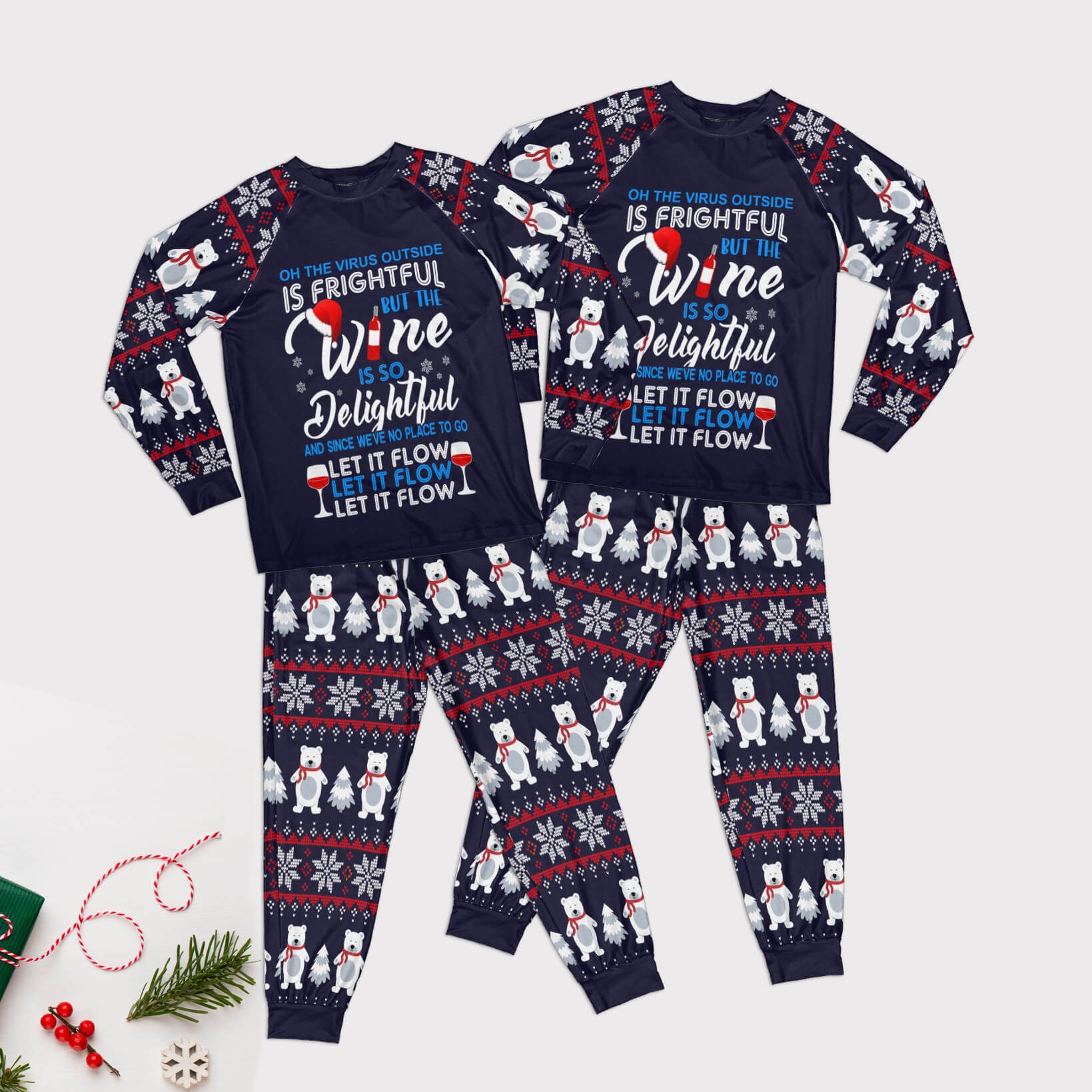 Wine Is So Delightful, Let It Flow Family Set Pajamas, Christmas Pajamas Style: Kid Pajamas Set, Color: Navy