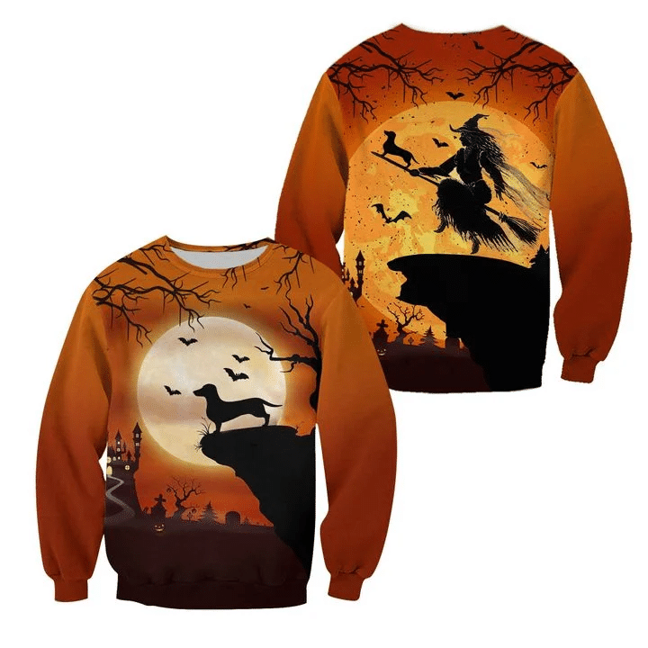 Witch & Dachshund Halloween Costume 3D All Over Print Shirt Style: 3D Sweatshirt, Color: Orange
