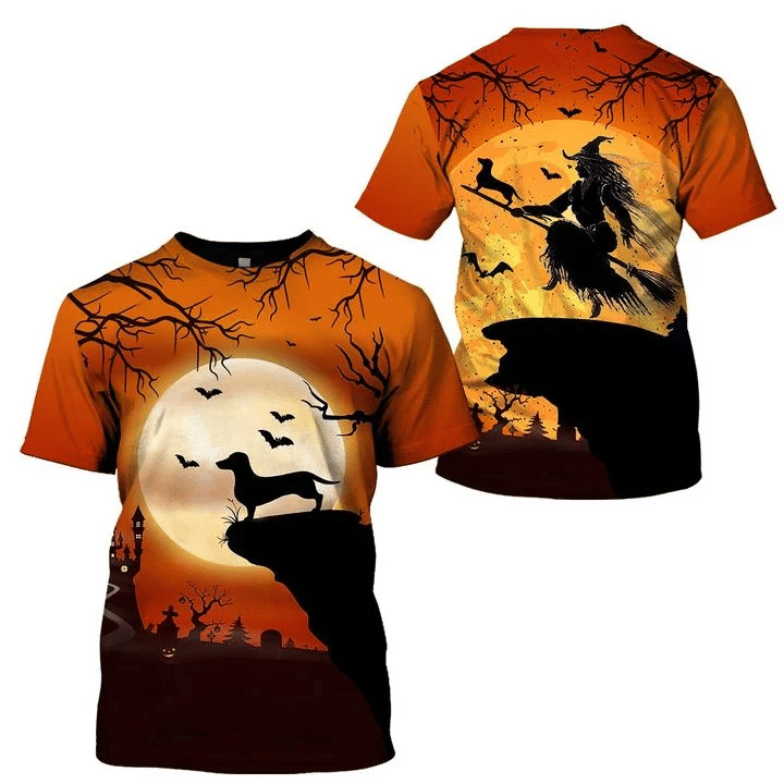 Witch & Dachshund Halloween Costume 3D All Over Print Shirt Style: 3D T-Shirt, Color: Orange