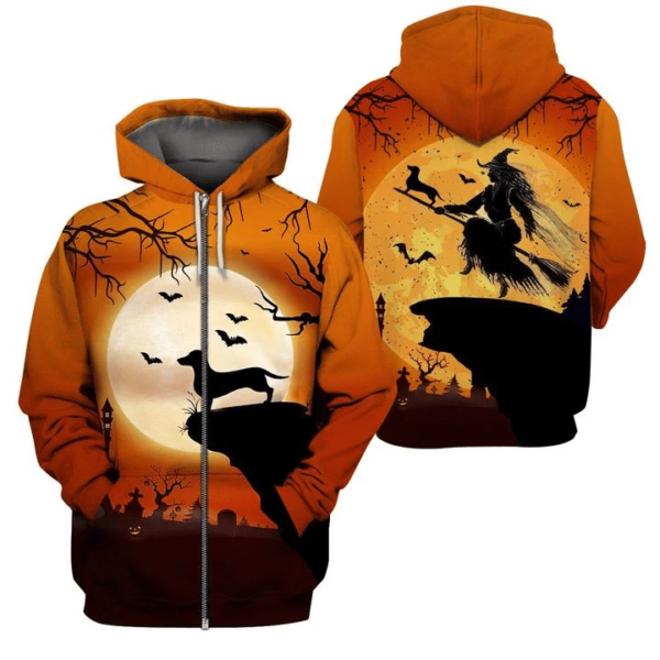 Witch & Dachshund Halloween Costume 3D All Over Print Shirt 3D Zip Hoodie Orange S
