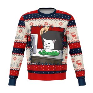 Woman Yelling At A Cat Reindeer UGLY Cat Christmas 3D Sweater AOP Sweater Navy S