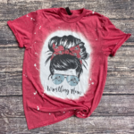 Wrestling Mom Messy Bun Bleached Shirt Bleached T-Shirt Red XS