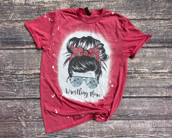 Wrestling Mom Messy Bun Bleached Shirt Bleached T-Shirt Red XS