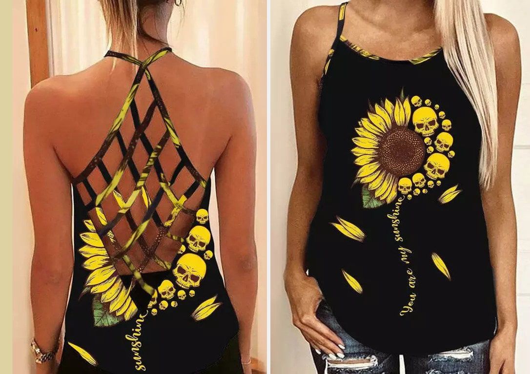 You Are My Sunshine Skull Sunflower Criss Cross Open Back Tank Top Size: XS