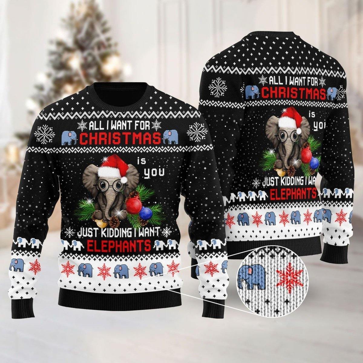 All I Want For Christmas Is Elephant Funny Christmas Sweater AOP Sweater Black S