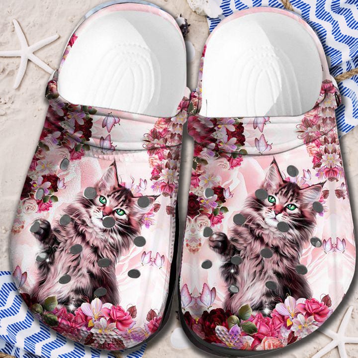 Beautiful Cat And Flowers Art Design Clog Shoes For Men And Women