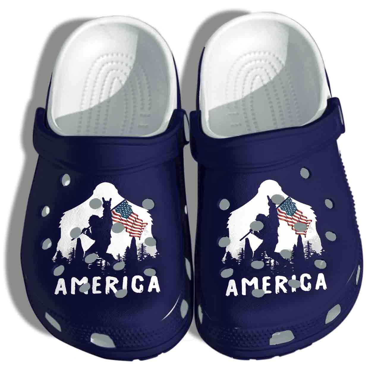 Bigfoot Holding Flag Clog Shoes - 4th of July America Flag Clog Shoes
