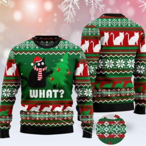 Black Cat ''What?'' Christmas Tree Christmas Sweater AOP Sweater Green S