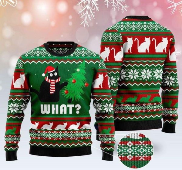 Black Cat ''What?'' Christmas Tree Christmas Sweater AOP Sweater Green S