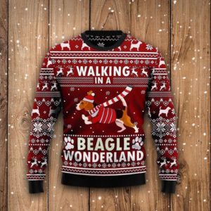 Cute Beagle Walking In A Beagle Wonderland Christmas Sweater AOP Sweater Red S