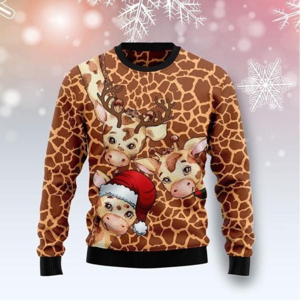 Cute Giraffe Look At Santa Giraffe Lover Funny Christmas Sweater AOP Sweater Brown S