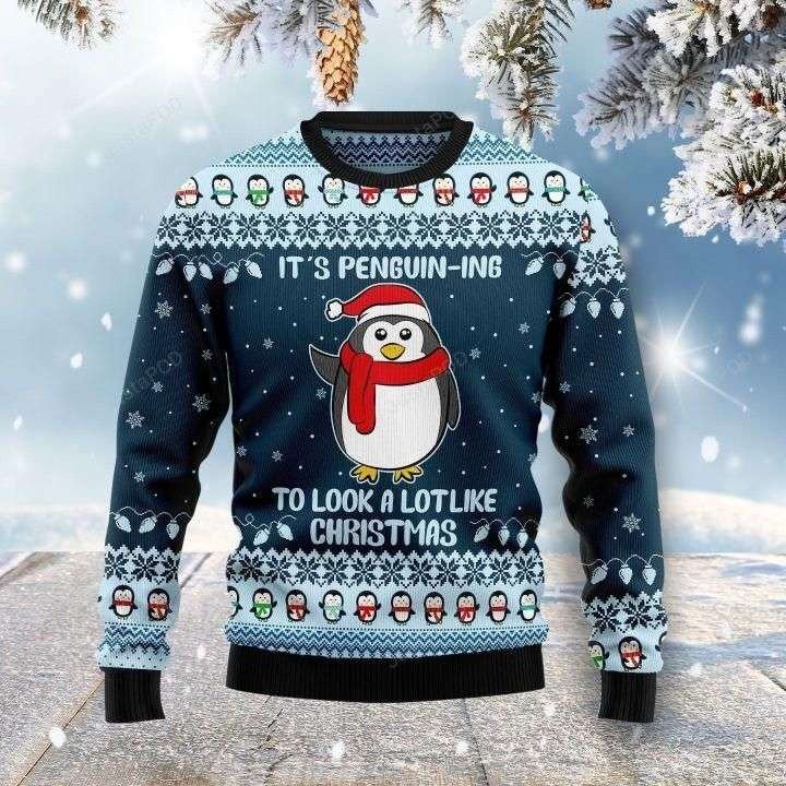 Cute Penguin It’s Penguin-ing To Look A Lot Like Christmas Sweater AOP Sweater Navy S