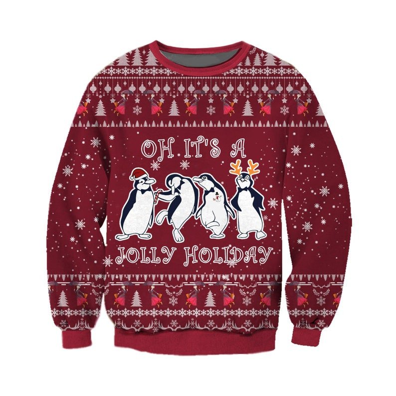 Cute Penguin Oh It's A Jolly Holiday Christmas 3D Sweater AOP Sweater Maroon S