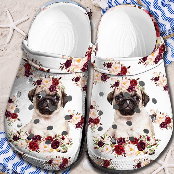 Cute Pug Dog And Flowers Clog Shoes For Men And Women