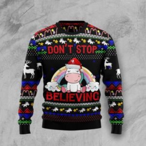 Cute Unicorn Rainbow Don't Stop Believing Christmas Sweater AOP Sweater Black S