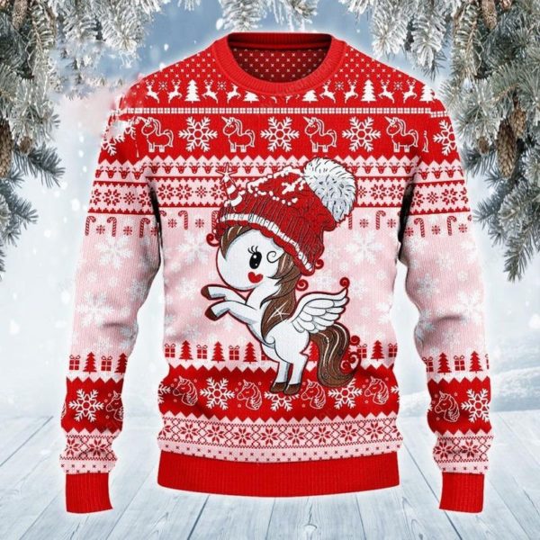 Cute Unicorn Warm Christmas 3D Sweater AOP Sweater Red S