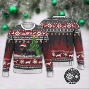 Dachshund Through The Snow Christmas Tree Sweater AOP Sweater Maroon S