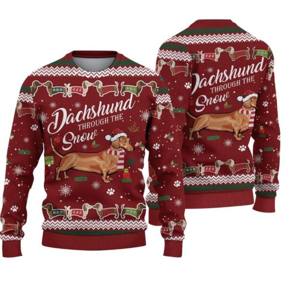 Dachshund Through The Snow Ugly Christmas Sweater AOP Sweater Maroon S