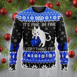 Dice Cat It's Fine I'm Fine Everything Fine Christmas Sweater AOP Sweater Black S