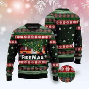 Fireman Firefighter Firemas Christmas Tree Christmas Sweater AOP Sweater Green S