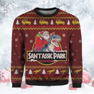 Funny Christmas Dinosaur Santassic Park Christmas Sweater AOP Sweater Maroon S