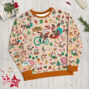 Funny Santa Ride Bicycle Reindeer Christmas Sweater AOP Sweater Orange S