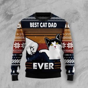 Gift For Dad Best Dad Cat Ever Christmas Sweater AOP Sweater Navy S