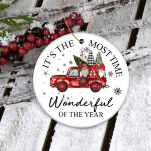 Gnome And Red Car It's The Most Time Wonderful Of The Year Circle Ornament product photo 1