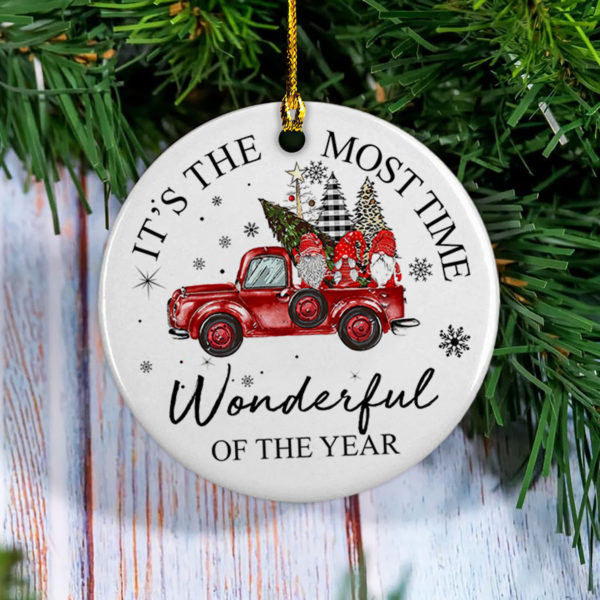Gnome And Red Car It's The Most Time Wonderful Of The Year Circle Ornament product photo 2