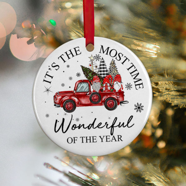 Gnome And Red Car It's The Most Time Wonderful Of The Year Circle Ornament product photo 3