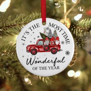 Gnome And Red Car It's The Most Time Wonderful Of The Year Circle Ornament Circle Ornament White 1-pack