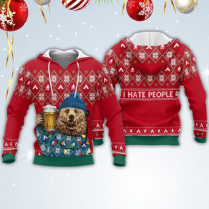 I Hate People Ugly Bear And Big Cup Beer Christmas All Over Print 3D Shirt 3D Hoodie Red S