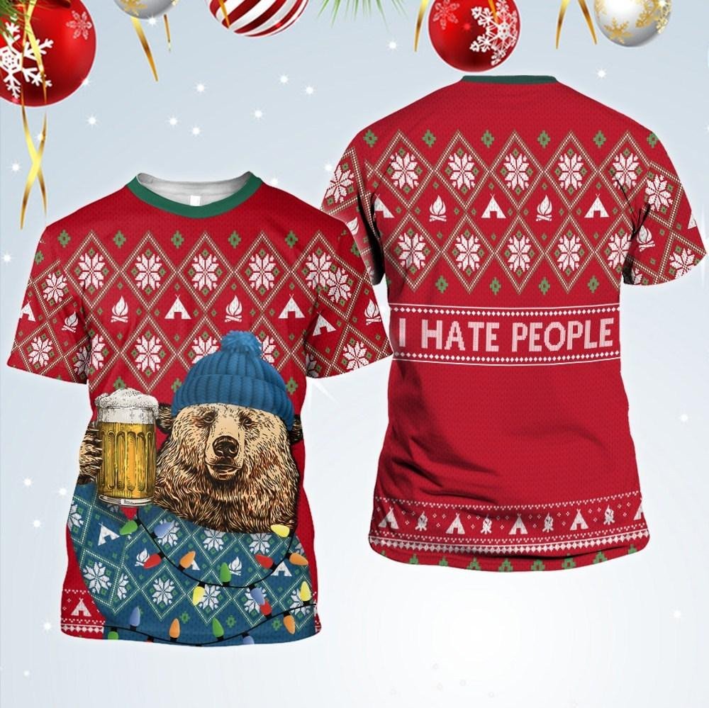 I Hate People Ugly Bear And Big Cup Beer Christmas All Over Print 3D Shirt 3D T-Shirt Red S