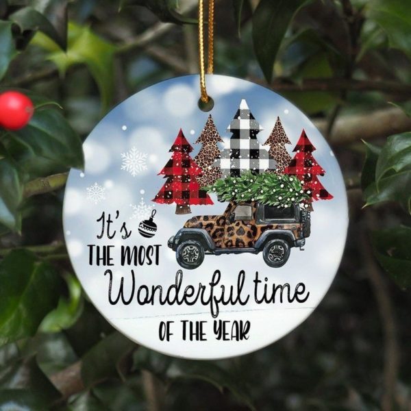 It's A Wonderful Time Of The Year Jeep Christmas Tree Circle Ornament Circle Ornament Light Blue 1-pack