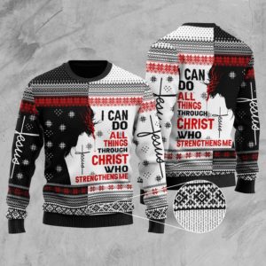 Jesu I Can Do All Things Through Christ Who Strengthens Me Christmas Sweater AOP Sweater White S