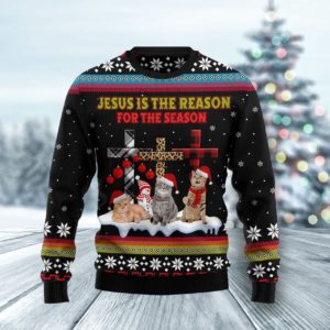 Jesus Is The Reason For The Season Cat Santa Cross Christmas Sweater AOP Sweater Black S