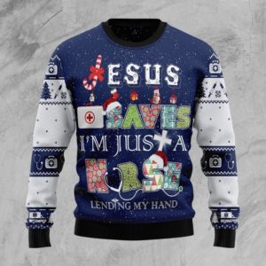 Jesus Save Nurse Life I'm Just A Nurse Lending My Hand Christmas Sweater AOP Sweater Navy Blue S