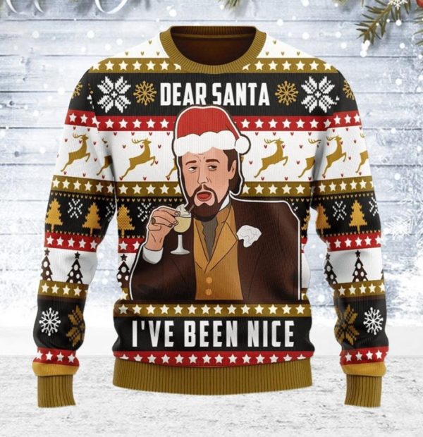Leo Laughing Dear Santa I've Been Nice Christmas Sweater AOP Sweater Yellow S