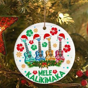 Mele Kalikimaka Hawaiian Guitar Christmas Circle Ornament Circle Ornament White 1-pack