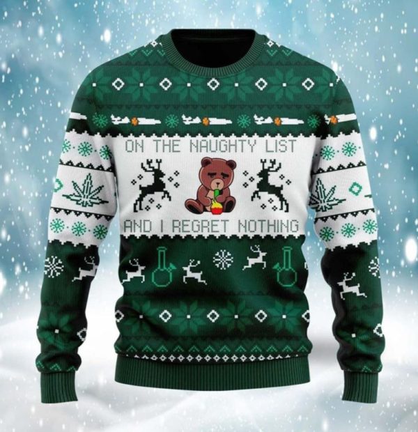 On the Naughty List and I Regret Nothing Ugly Beer Reindeer Christmas Sweater AOP Sweater Green S