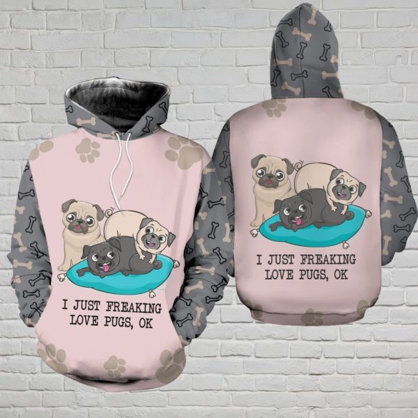Pug Lover I Just Freaking Love Pugs All Over Print 3D Hoodie 3D Hoodie Light Pink S