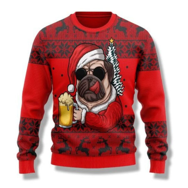 Pug Santa Drink Beer It's The Most Wonderful Time For Beer Christmas Sweater product photo 2