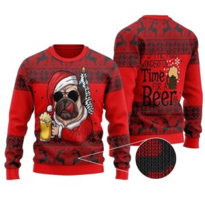 Pug Santa Drink Beer It's The Most Wonderful Time For Beer Christmas Sweater AOP Sweater Red S