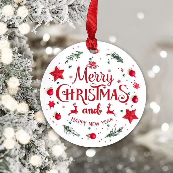 Red Star Merry Christmas and Happy New Year Circle Ornament Circle Ornament White 1-pack