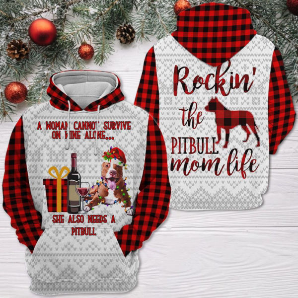 Rockin' The Pitbull Mom Life Pitbull And Wine Christmas All Over Print 3D Shirt 3D Hoodie Red S