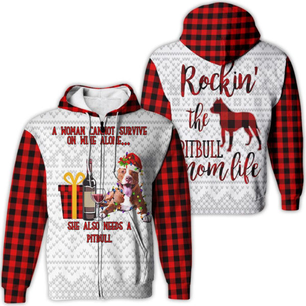 Rockin' The Pitbull Mom Life Pitbull And Wine Christmas All Over Print 3D Shirt 3D Zip Hoodie Red S