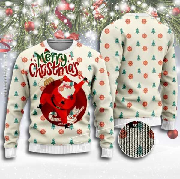 Santa And Cute Cat Merry Christmas Ugly Sweater product photo 2
