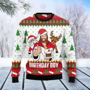 Santa And Reindeer Happy Birthday Jesus Birthday Boy Christmas Sweater AOP Sweater White S