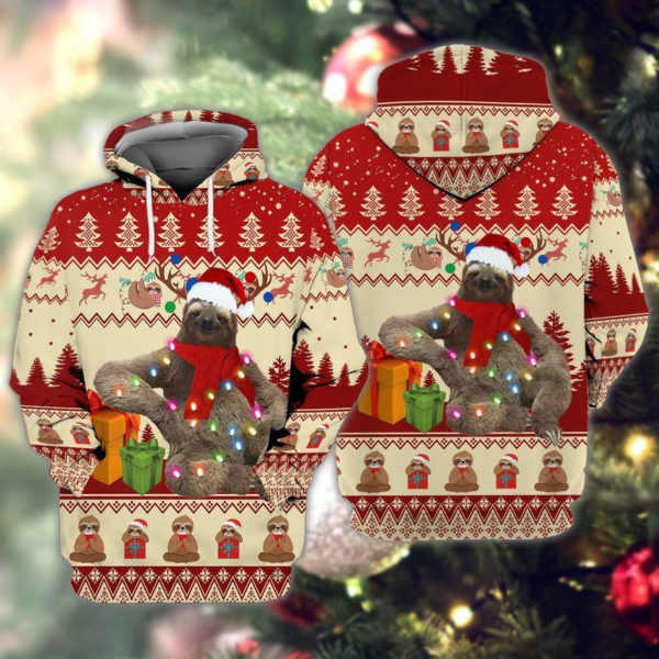 Sloth Santa Christmas Gift Light Christmas All Over Print 3D Shirt 3D Hoodie Red S