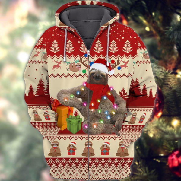 Sloth Santa Christmas Gift Light Christmas All Over Print 3D Shirt 3D Zip Hoodie Red S
